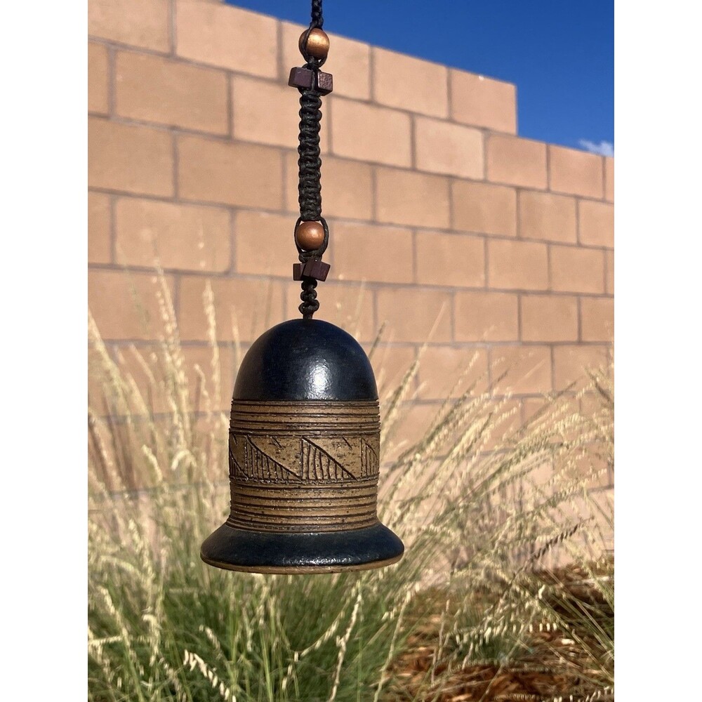 VTG 60/70’s Ceramic Hanging Bell Rustic Carved Boho Folk Art 3” Beaded Cord